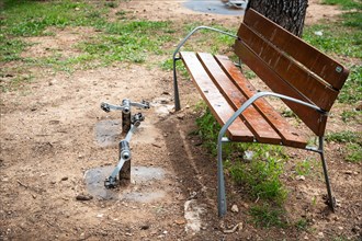 A park bench with pedals mounted in front of it, Figueras, Spain, Europe