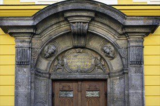 Main entrance gate with psalm, Holy Trinity Church, Kaufbeuern, Allgaeu, Swabia, Bavaria, Germany,