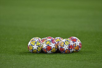 Adidas Champions League match balls on grass, Allianz Arena, Munich, Bavaria, Germany, Europe