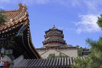 New Summer Palace, Beijing, China, Asia, Pagoda in classical Chinese style rises into the sky blue