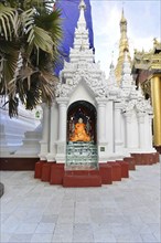 Shwedagon Pagoda, Yangon, Myanmar, Asia, Buddha statue in a niche with white and gold decoration,