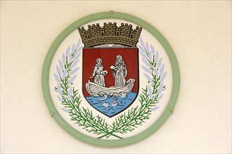 Coat of arms on the town hall, Les Saintes-Maries-de-la-Mer, Camargue, Bouches-du-Rhone,