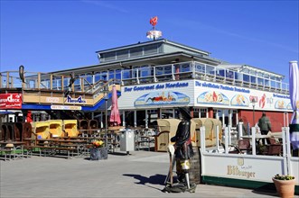 List, harbour, Sylt, North Frisian island, Sunny terrace of a restaurant by the sea with colourful