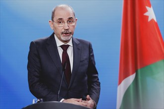 Ayman Safadi, Foreign Minister of Jordan, pictured at a press conference after a joint meeting with