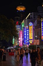 Evening stroll through Shanghai to the sights, Shanghai, Lively street scene at night with