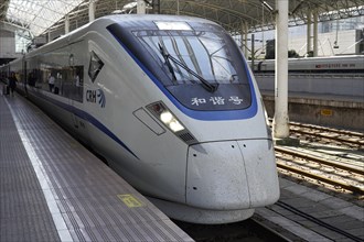 High-speed trains, CRH on the platform, Hongqiao station, Shanghai, China, Asia, A white and blue
