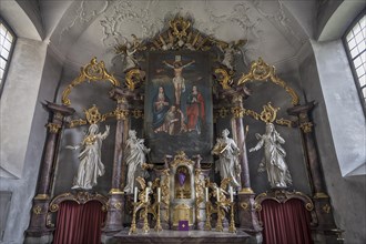 Historic Lenten cloth in front of the high altar, St John the Baptist, Ochsenfurt-Hohestadt, Lower
