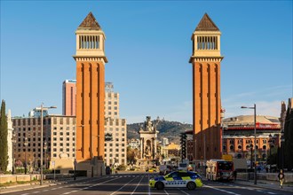 The Venetian Towers, Torres Venecianes or Venetian Towers in the morning light at Placa Espana in