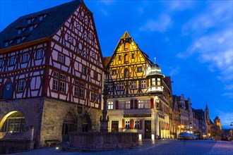 St George's Fountain in front of the Marienapotheke, Blue Hour, Rothenburg ob der Tauber, Middle