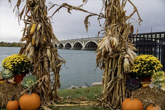 Detroit, Michigan, Halloween decorations along the Detroit Riverwalk. The bridge to Belle Isle is
