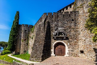 Entrance gate with St Mark's loewe, Gorizia Castle, 11th century, Gorizia, border town to Slovenia,