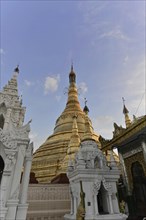 Shwedagon Pagoda, Yangon, Myanmar, Asia, White and golden stupa under a blue sky, Asia