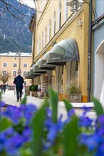 Urban street scene with shop fronts and floral decorations in the foreground, Bad Reichenhall,
