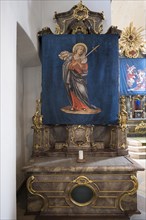 Historic Lenten cloth in front of the left side altar, created around 1890, St Laurentius Church,