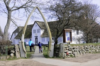 Sylt, North Frisian Island, Schleswig Holstein, Cyclists ride through an archway on a pebble path