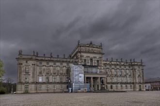 Ludwigslust Palace of the Dukes of Mecklenburg-Schwerin in the palace park, scaffolding in front of