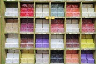 Various soaps in front of a shop, Aigues-Mortes, Camargue, Gard, Languedoc-Roussillon, South of