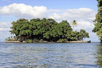 Granada, Nicaragua, Densely overgrown island on the Nicaragua Sea with a small boat passing by,