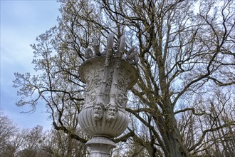 Cast zinc vase on a pedestal in the castle park, Ludwigslust, Mecklenburg-Vorpommern, Germany,