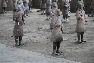 Figures of the terracotta army, Xian, Shaanxi Province, China, Asia, Terracotta soldiers seen from