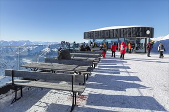 Summit restaurant at the Nebelhorn summit (2224m), Oberstdorf, Allgaeu, Swabia, Bavaria, Germany,
