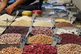 Chongqing, Chongqing Province, China, Different kinds of pulses at a market, displayed with price