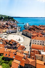 View from the bell tower over Piran and Tartin Square, harbour town of Piran on the Adriatic coast