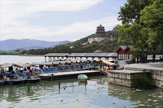 New Summer Palace, Beijing, China, Asia, A natural seascape with boats, quays and mountains in
