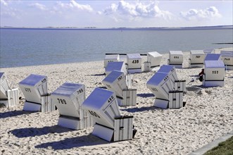 On the beach, Hoernum, Sylt, North Frisian Island, Schleswig Holstein, beach chairs on sand with a