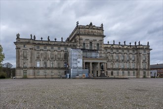 Ludwigslust Palace of the Dukes of Mecklenburg-Schwerin in the palace park, scaffolding in front of
