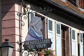 Eguisheim, Alsace, France, Europe, Sign of the inn 'Hostellerie du Pape' with a portrait, Europe