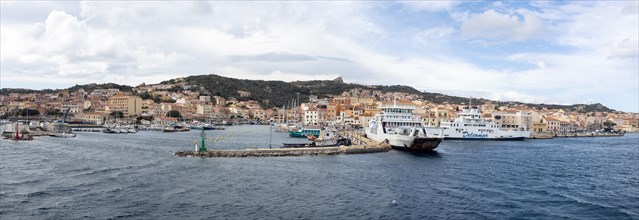 View from the sea, harbour and town of Maddalena, panoramic view, Isola La Maddalena, Sardinia,