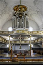 Organ loft, Dreifaltigkeitskirche, Kaufbeuern, Allgaeu, Swabia, Bavaria, Germany, Europe