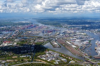 Hamburg harbour from east to west, aerial view, Elbe, harbour, Hamburg, Germany, Europe