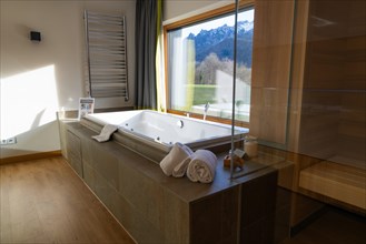 Luxurious bathroom with free-standing bathtub and view to the outside, Bad Reichenhall, Bavaria,