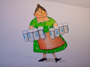 Waitress with many beer mugs, wall painting in the Hofbraeuhaus, Munich, Bavaria, Germany, Europe