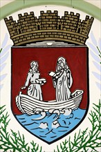 Coat of arms on the town hall, Les Saintes-Maries-de-la-Mer, Camargue, Bouches-du-Rhone,