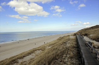 Sylt, Schleswig-Holstein, Wide view over a beach with wooden jetty and dunes on a sunny day, Sylt,