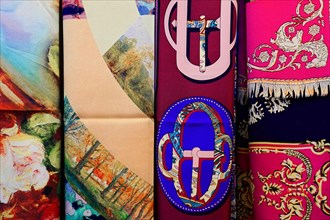 Silk Factory Shanghai, A collage of different colourful fabric patterns with artistic flair,