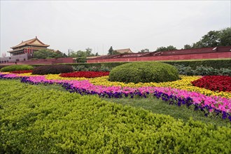 China, Beijing, Forbidden City, UNESCO World Heritage Site, Colourful flower beds against the