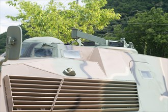 Closeup side view of grill and air vent on military vehicle displayed in public park in Nonsan,