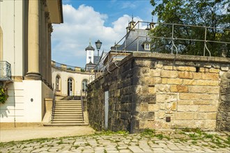 Architectural details of Pillnitz Castle on the edge of the Elbe cycle path in Pillnitz, Dresden,