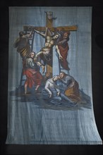 Historic Lenten cloth on a black background, created around 1890, St Laurentius Church, Schoenau an