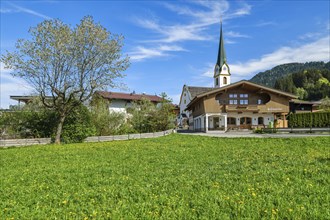 Parish church in Ellmau am Wilden Kaiser, blue sky, Kufstein, Tyrol, Austria, Europe