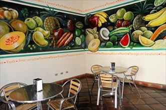 Leon, Nicaragua, A cafe with a colourful mural of fruit and sparse furnishings, Central America,
