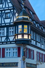 Bay window at the Marianapotheke, half-timbered house, Rothenburg ob der Tauber, Middle Franconia,