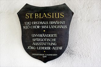 Information sign, Church of St Blasius, Kaufbeuern, Allgaeu, Swabia, Bavaria, Germany, Europe