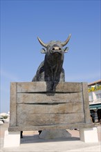 Statue of a Camargue bull, Les Saintes-Maries-de-la-Mer, Camargue, Bouches-du-Rhone,