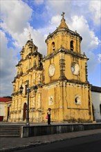 Church La Recoleccion, 1786, Leon, Nicaragua, Baroque church facade in warm sunlight, Baroque