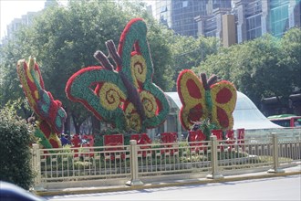Stroll in Chongqing, Chongqing Province, China, Asia, Colourful flowering plant sculptures in the